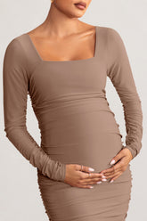 Mocha Maternity Square Neck Ruched Midi Dress